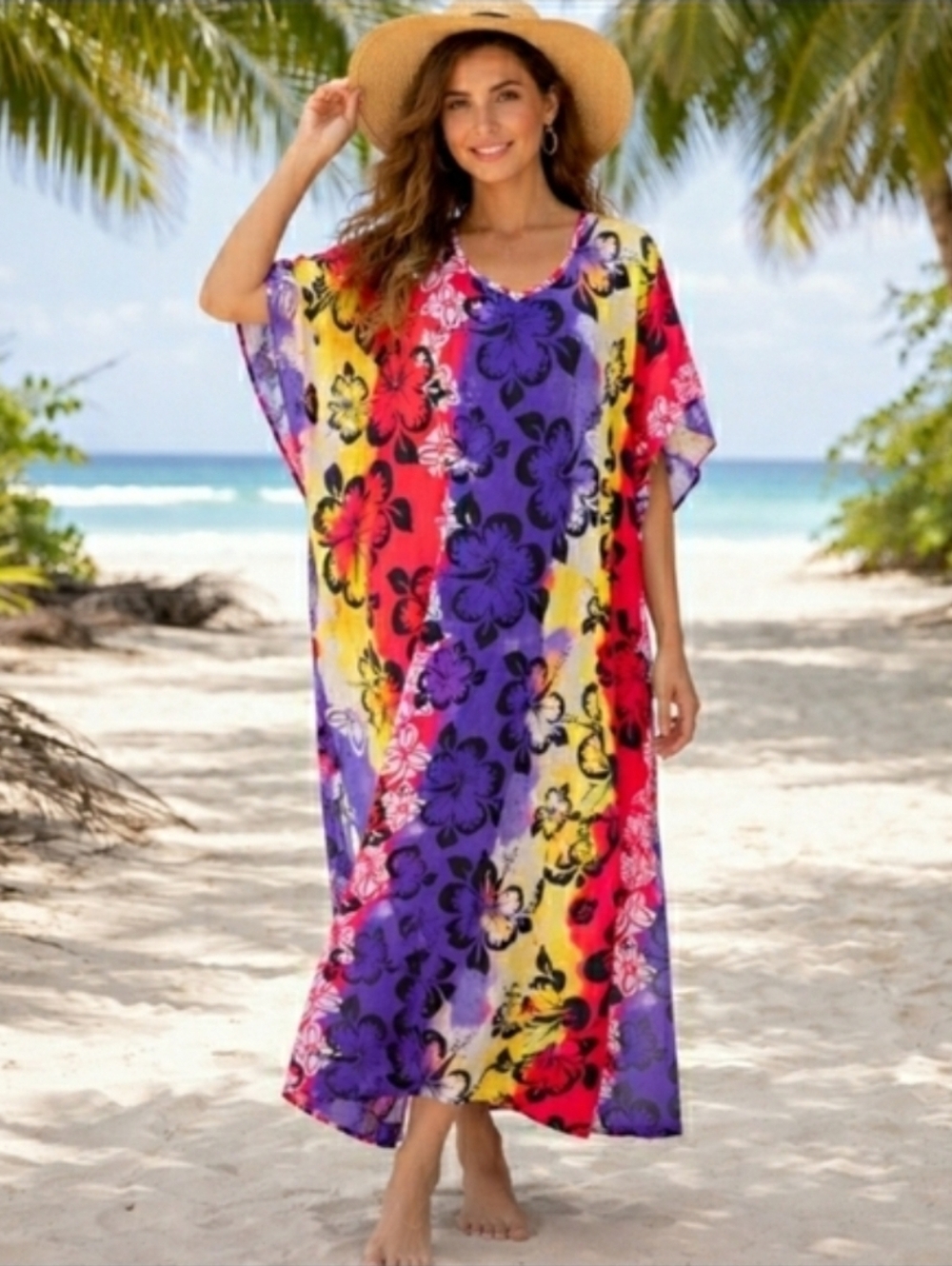 Kaftan Maxi Dress Swimsuit Coverup Tropical Hibiscous Floral 3X 🌺 NEW